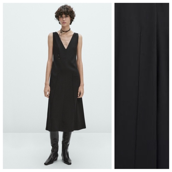 NWOT. Massimo Dutti Casual Style Black V-Neck Midi Dress with Strap. Size L. - Picture 2 of 12